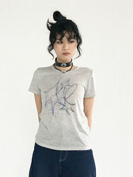 Pattern Version Graffiti Sleeve Gray Neck Round Tee Short in