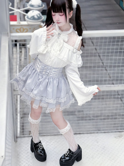 Bell Sleeves Open Shoulder with Blouse White Jirai Kei Three-Piece Set: