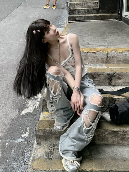 Top/Grau Elastische Taille Distressed Löcher Casual Hosen Cami Weiß Glamouröse Grafik