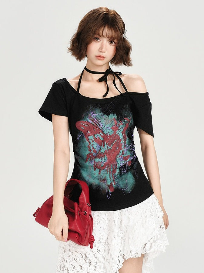 Retro Off-the-shoulder Short Sleeve Top with Halter Neckline Design - Girlyhalo