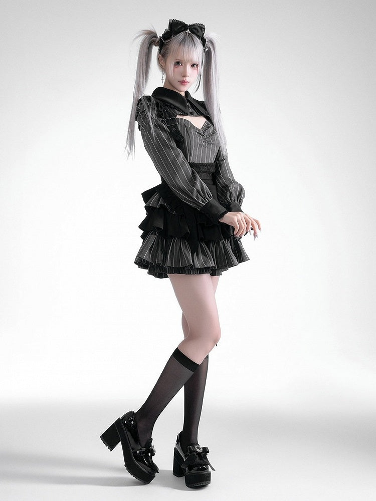 Black Gray Jirai Kei Striped Collared Tiered Ruffle Dress Set - Fluffy Heart