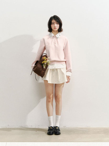 with Pink and Two-piece Faux Kawaii Embroidery Accents Rose Rhinestone Shirt