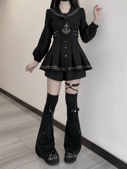 Sailor Collar Dress Set with Shorts and Tie - Ekomi