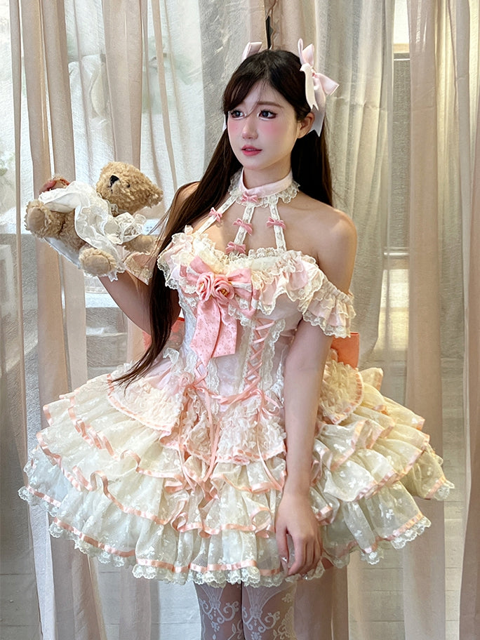 Rosa Kleid Rüschen Korsett Fee Prinzessin Spitze Kei Neckholder Stufenhals Taille Rock