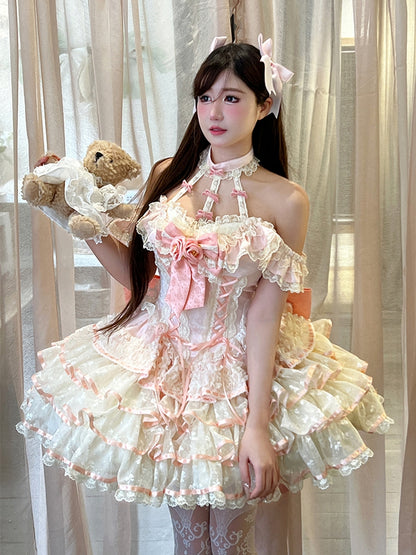 Rosa Kleid Rüschen Korsett Fee Prinzessin Spitze Kei Neckholder Stufenhals Taille Rock