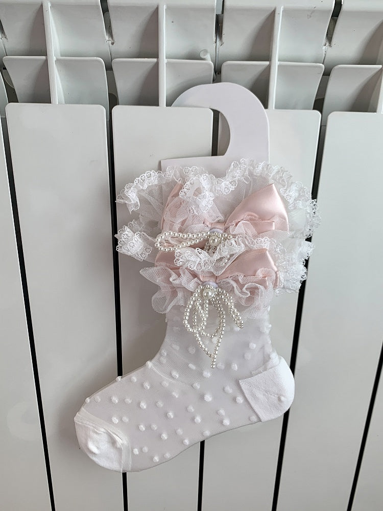 Yellow/Pink/Blue/Black Pattern Ankle Bowknot Beaded Trim Lace Socks Polka-dot