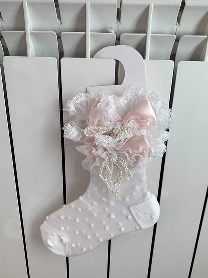 Yellow/Pink/Blue/Black Pattern Ankle Bowknot Beaded Trim Lace Socks Polka-dot