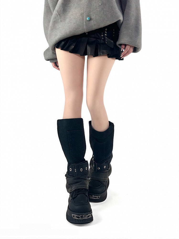 Blue/Black Color Gradient Leg Design Denim Loose Y2K Buckle Strap with Cuff Warmers