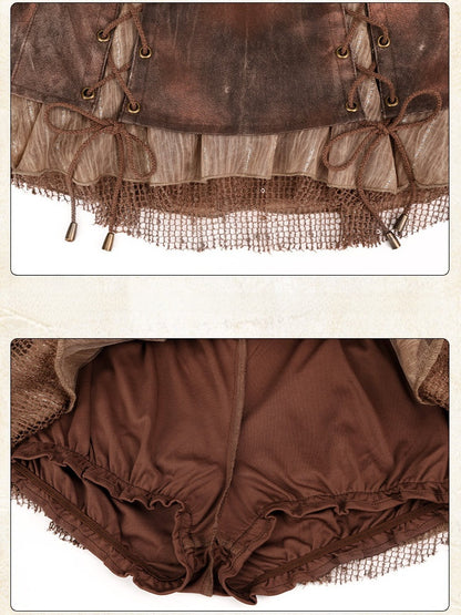 Brown Lace-Up Denim Skirt with Pleats and Shorts - Virtual Orbit