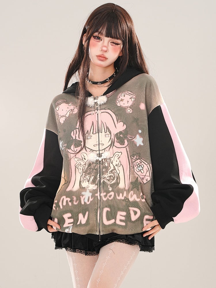 Black Cartoon Girl Colorblock Sleeves Zip Hoodie
