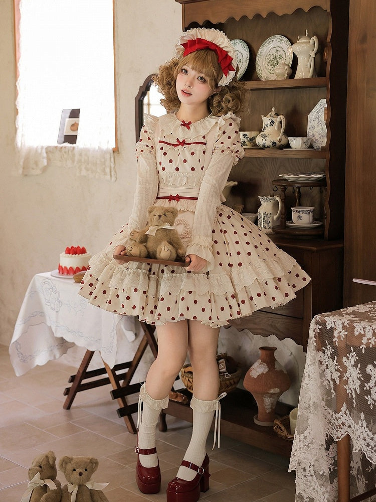 Beige and Red Dotted Puff-Sleeve Lolita OP Set with Apron and Bonnet - With PUJI