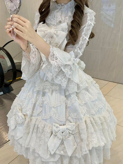 ネックラインのシャツ、小さな7/4スリーブ、フリル付きロリータホワイト