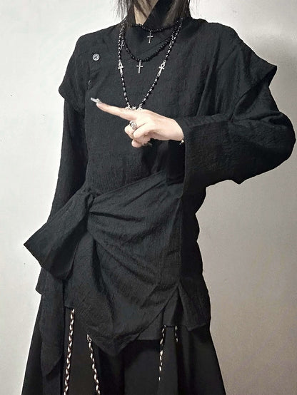 Corset Fake with Details Hem Belt Two-piece Black Asymmetrical Shirt Buckle