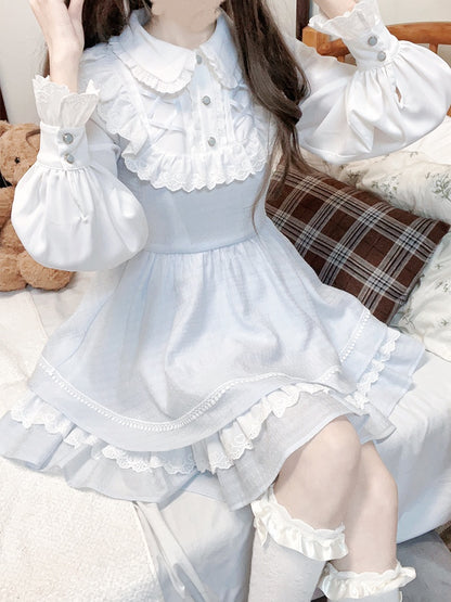 Tenshi Kaiwai Blaues Jirai-Kei-Kleid mit Peter-Pan-Kragen und gerüschtem Spitzenbesatz