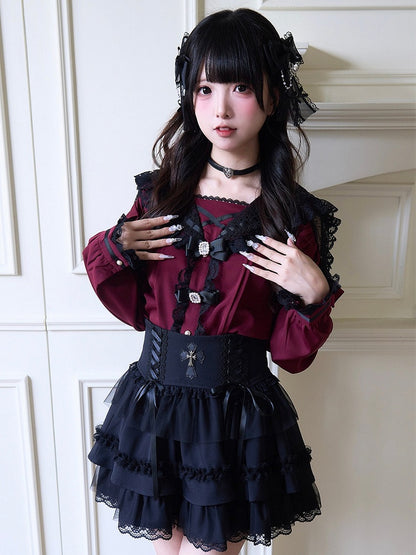 Jirai and Tiered with Details Skirt Lace Lace-up Cross Kei Ruffle Black