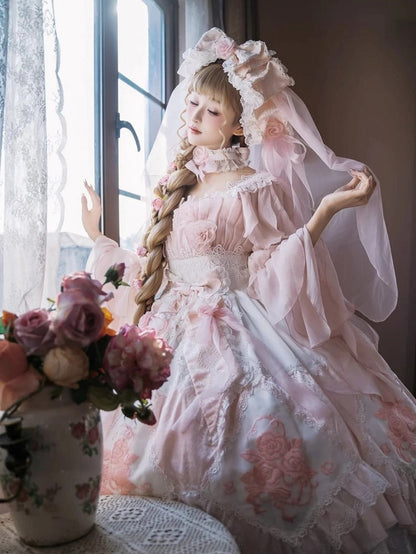 Ruffles Hanayome Light Dress Pink Version Accents with Layered Flowing JSK Lolita Rose Long