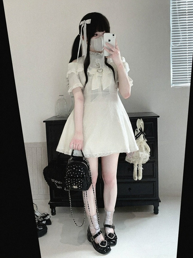 Cutout Shoulder Jacquard Dress with Ruffles, Bow Details, 4 Shades - Kitty Bxllet