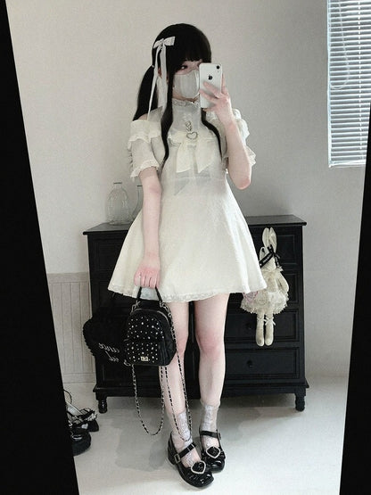 Cutout Shoulder Jacquard Dress with Ruffles, Bow Details, 4 Shades - Kitty Bxllet