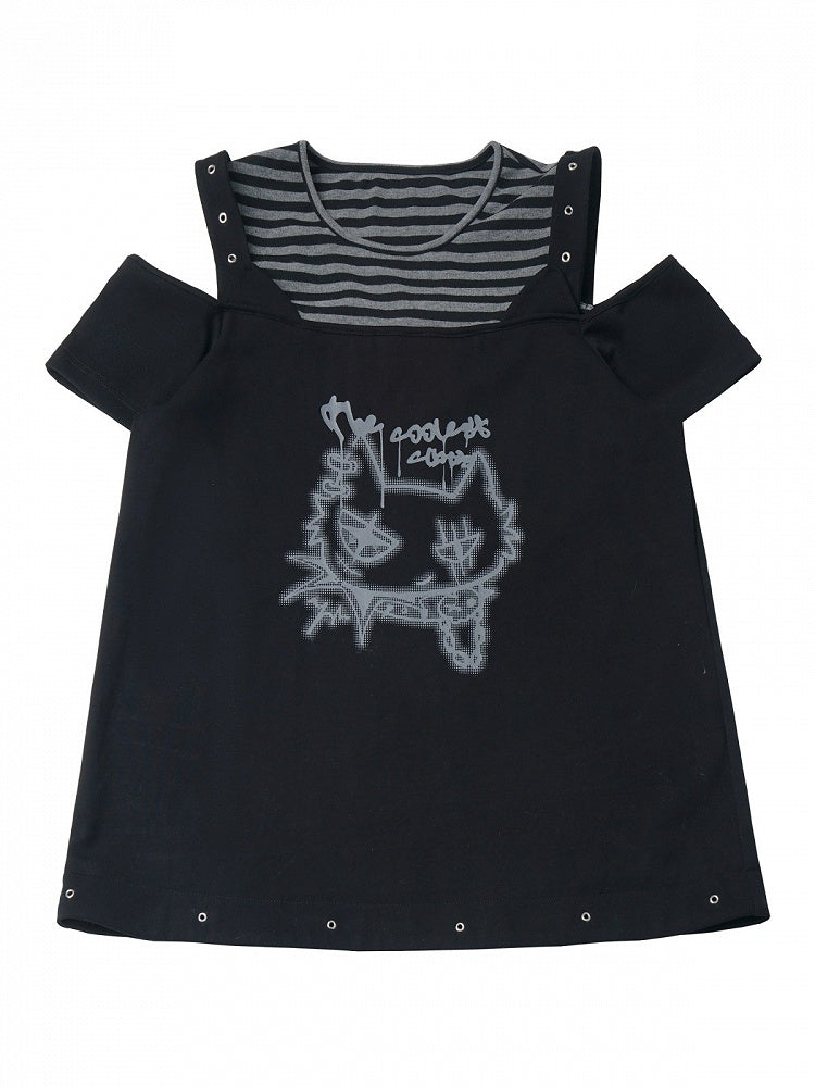 Black Striped Cutout Shoulder Short Sleeve Tee with Cat Graffiti - PINK SAVIOR