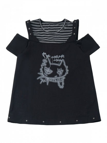 Black Striped Cutout Shoulder Short Sleeve Tee with Cat Graffiti - PINK SAVIOR