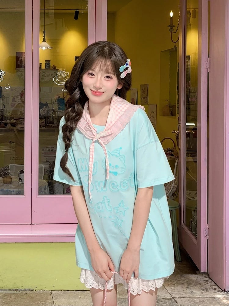 Blue Pink/Mint Plushie T-shirt with Round Neck Kitty Print Loose Kitty