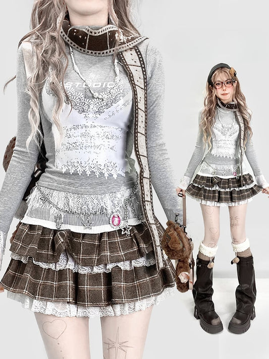 Weißes bedrucktes Spitzenbündchen-Top in Grau