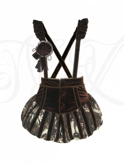 Shoulder Ruffled Gothic Straps with Brown Lolita Printed Bloomers