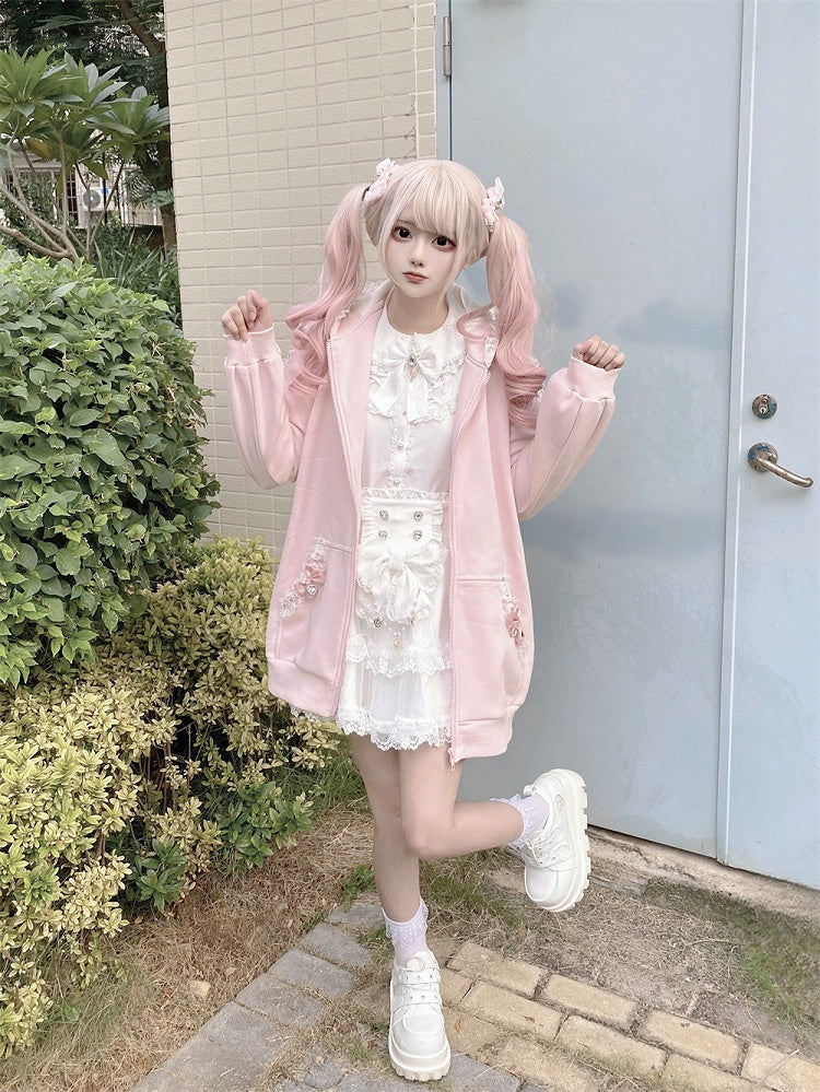 Style Hoodie Bow Zip-up Lace Jirai | Light with Pink Ears Kei Details and Bunny