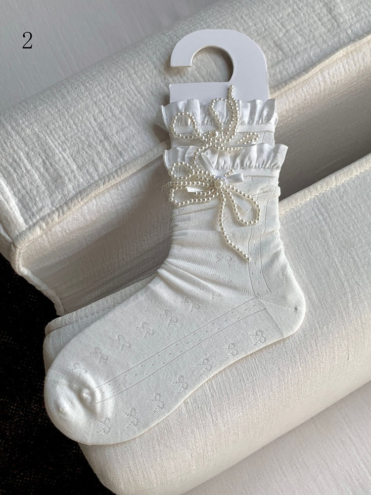 Decorated Lace Beaded White Bowknot Trim Socks