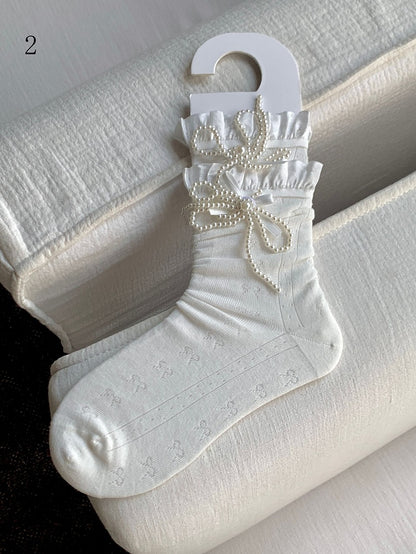 Decorated Lace Beaded White Bowknot Trim Socks