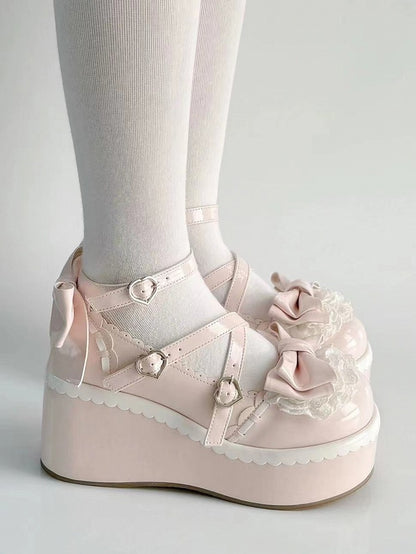 Lolita Platform Upper Lace Tiered Bow - Pink Top Mary with Janes