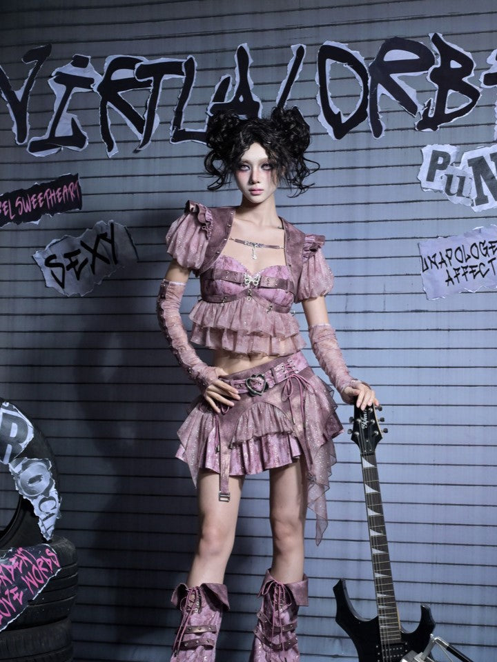Hem Mini Pink Skirt Denim Belt Asymmetric Sequined Heart with Y2K Buckle Punk