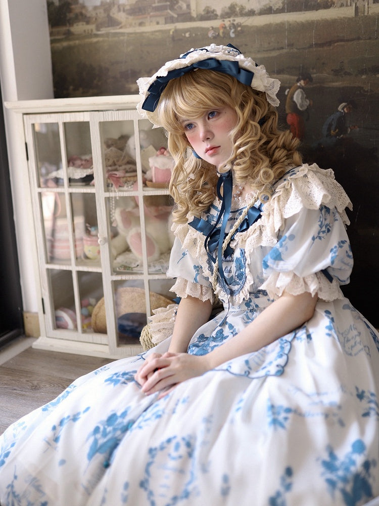 Lolita Beige Floral Design Blue Hat and