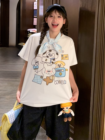 Cotton T-shirt Adorable Animal Print White Round Neck Loose