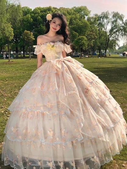 Wrist Full Painting-Inspired Apricot Lolita Skirt + Set Short Elegant Embroidered Cuffs Hanayome JSK - Oil Extension Large Floral Dress White Bow Brooch