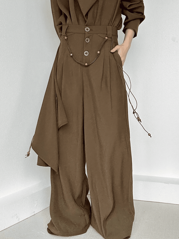 High-Waisted Three-Button Pants Ouji Cut Fly Lolita Wide-Leg Panel Draped Coffee with