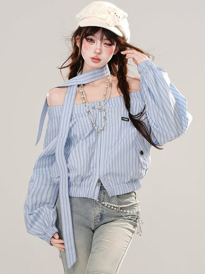 Pink/Blue Off-the-shoulder Neckline Striped Zip Closure Top with Free Scarf