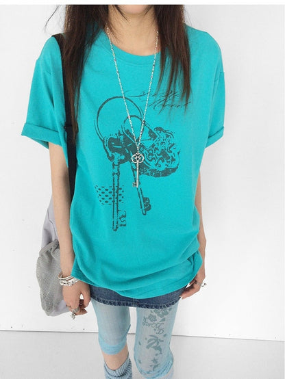 Casual Kawaii Cyan Round Neck Short Sleeve Tee with Key Print