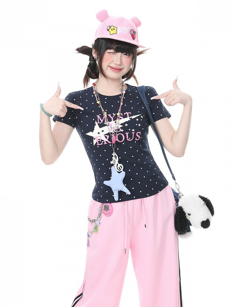 Navy Fitted Tee with Polka Dot & Letter Graphic - Languid Park