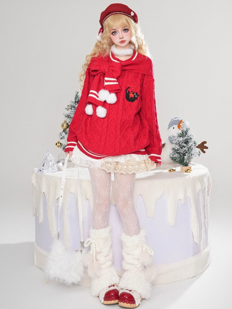 Red Kitty Embroidery Scarf Round Neck Christmas Sweater