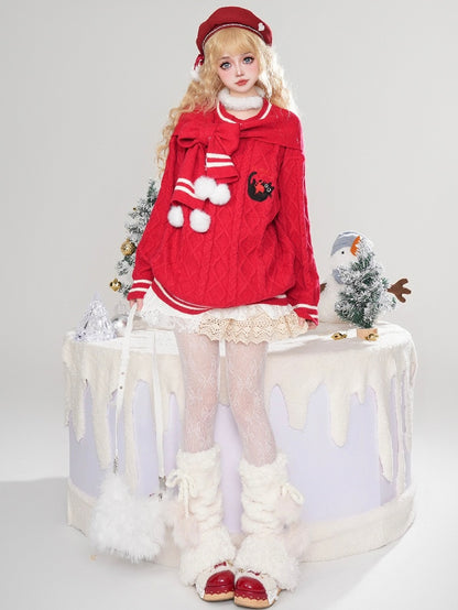 Red Kitty Embroidery Scarf Round Neck Christmas Sweater
