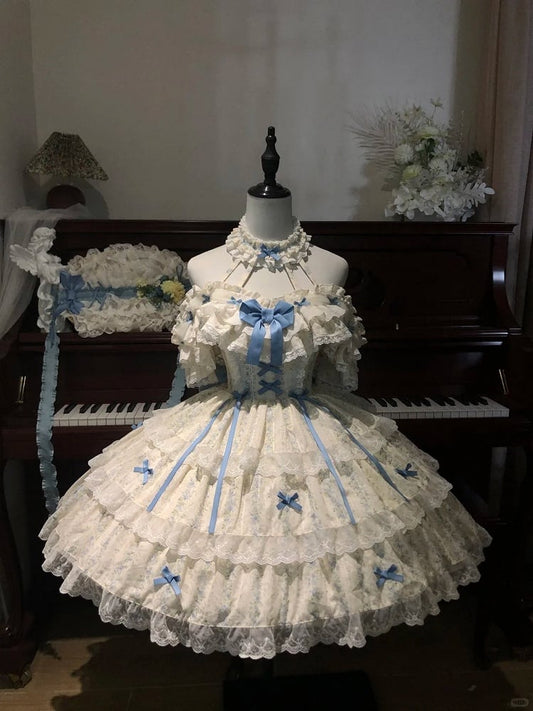 with Neck Lolita Halter Bowknots Dress Print Hime Trim Floral and Lace Blue White