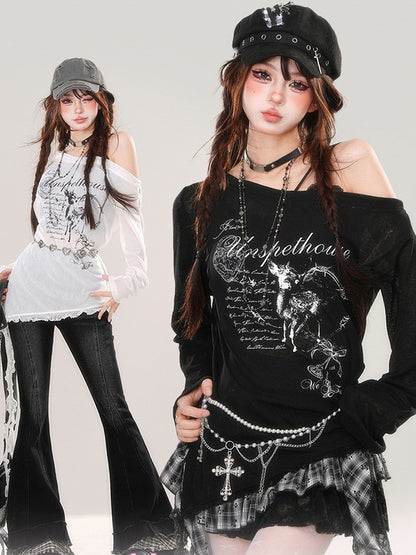 Schwarz/Weiß Asymmetrischer Ausschnitt Seitenschlitz Grafik Top Spitzensaum