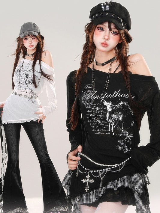 Black/White Asymmetrical Neckline Side Slit Graphic Top Lace Hem