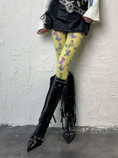 Hellgrüne Y2K-Schmetterlingsstrumpfhose