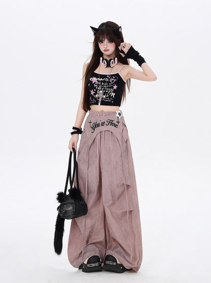 Taille Asymmetrische Hose Punk Accessoire Dusty Pink Kordelzug Taille Wasteland mit