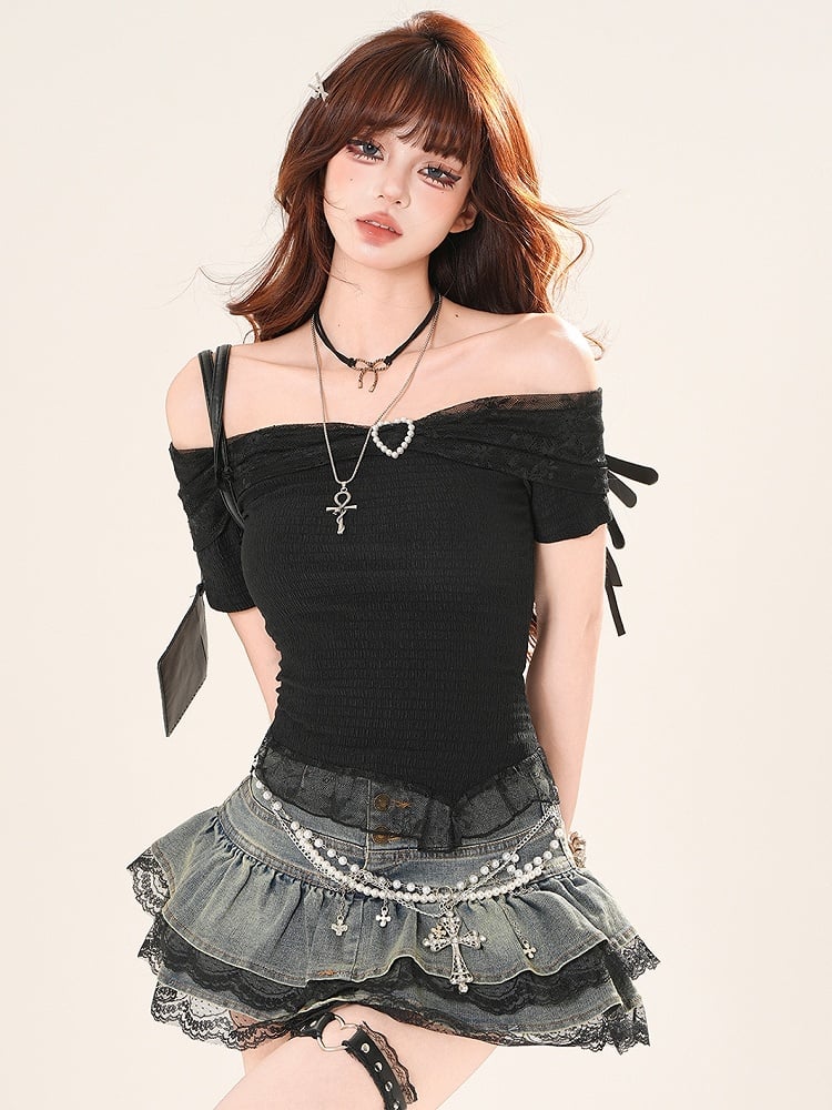 T-shirt Beaded White/Black Contrast Heart Glamorous Patches Lace Off-the-shoulder Neckline
