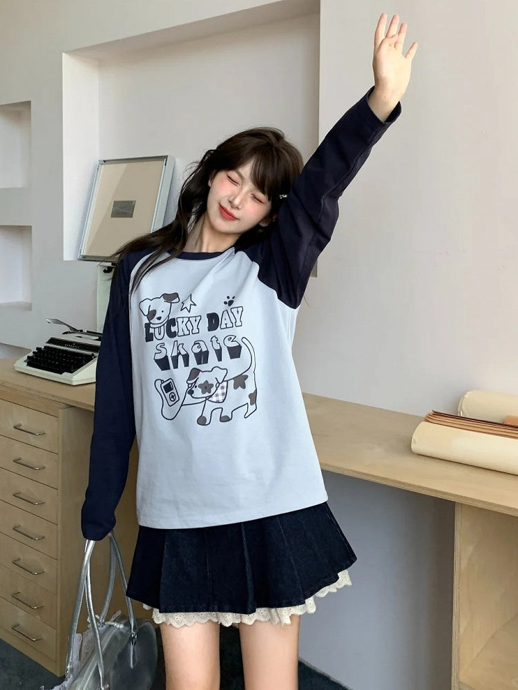 Top White/Blue Colorblock Design Adorable Puppy Print Loose
