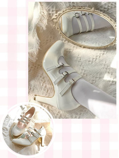 Strap Lolita White Heels Triple with Buckle Elegant Design Polished