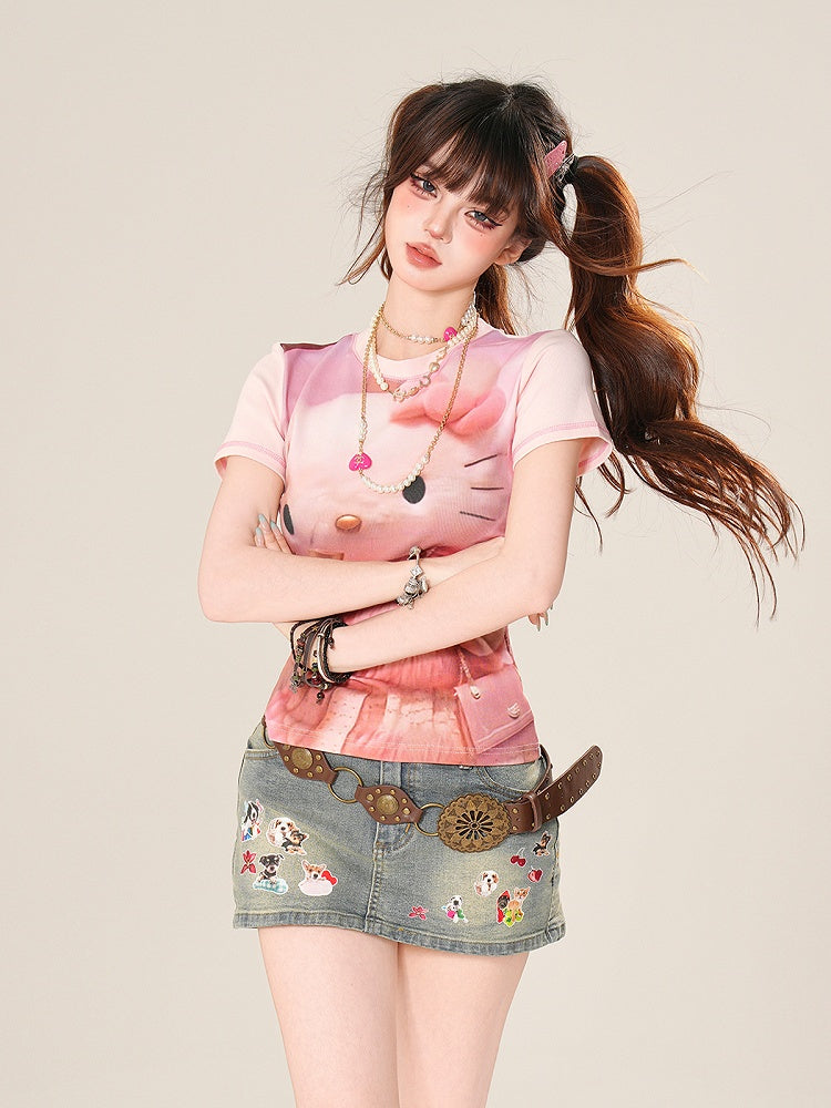 Jeansrock Bodycon Mini Adorable Puppy Print Blau